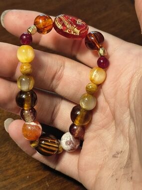 Handcrafted Red & Amber Beaded Stretch Bracelet